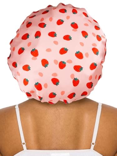 Vettres Silk Hair Bonnet for Sleeping with Scrunchie Adjustable Sleep Bonnets Double Layer Satin Sleep Cap for Curly Hair Strawberries - Thumbnail 3