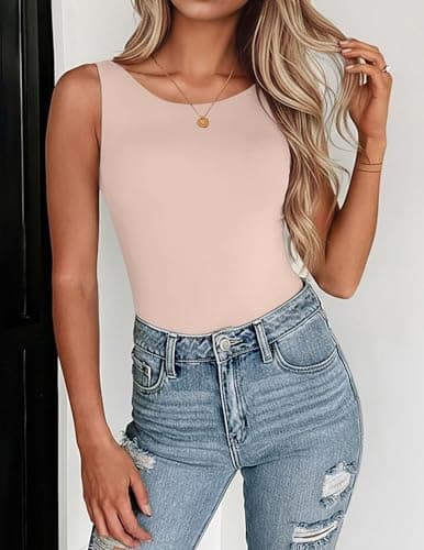 Zeagoo Womens Double Lined Crew Neck Tank Tops Cute Summer Sleeveless Workout Tops Basic Going Out Clothes 2026 Champagne - Thumbnail 2
