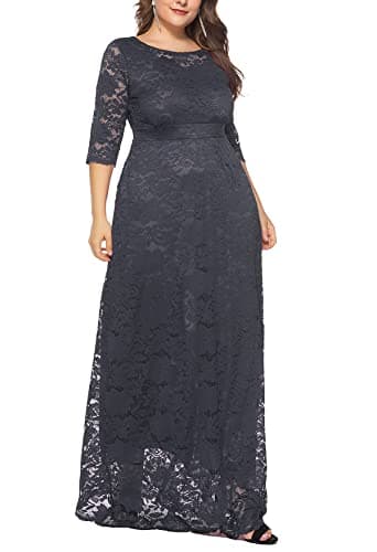 Eternatastic Womens Floral Lace 2/3 Sleeves Maxi Dress Evening Party Long Dress XXL Dark Gray - Thumbnail 3