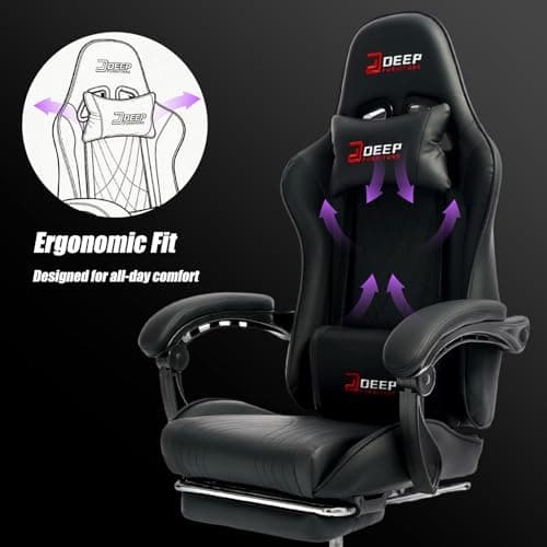 DEEPfurniture Gaming Chair with Footrest, Ergonomic Game Chair with Lumbar Support and Linkage Armrest, Reclining Computer Chair Height Adjustable for Home Office Father's Day(1001-Black) - Thumbnail 6