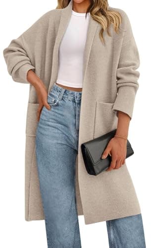 PRETTYGARDEN Women Spring Sweater Open Front Solid Color Drop Shoulder Loose Fit Knit Long Cardigans for Women Trendy (Beige Grey, Small) - Image 1