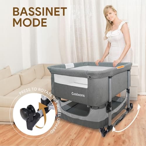 cutebeams Twin Bassinet for 2 Babies, 3 in 1 Bedside Co Sleeper Double Bassinet for Twins, Rocking Bassinet for Baby with Wheels and Storage Basket, Includes Mattress (Grey) - Thumbnail 5