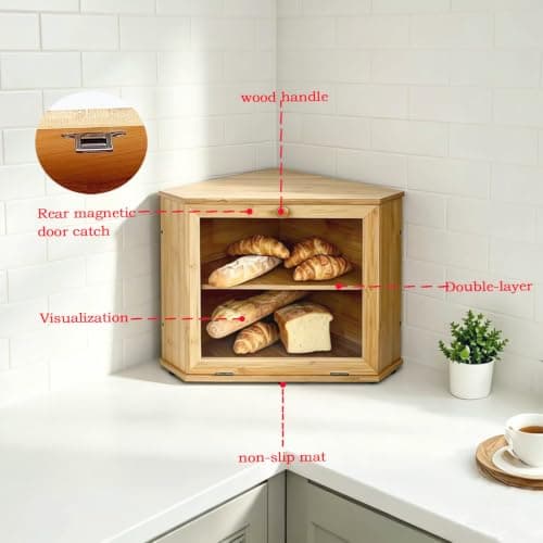SEGGDFQ Corner Bread Box for Kitchen Countertop, 100% Natural Bamboo, 2-Tier Wooden Bread Storage Cabinet, Fresh Bread Keeper with Clear Door for Small Kitchens, RV And Camping - Thumbnail 5