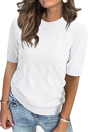 Arach&Cloz Women's Fashion Spring Summer Tops 2026 Short Sleeve Sweater Crew Neck Knit Pullover Dressy Easter Shirt Business Casual Work Outfits White S - Image 1