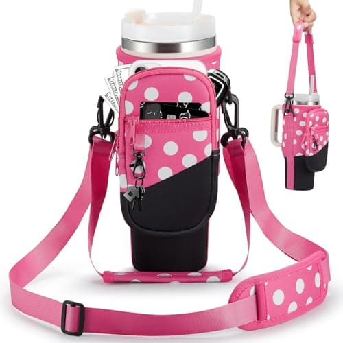 BULKITEM 30oz Water Bottle Carrier Bag with Phone Pocket for Pink Polka Dots Stanley 30 oz Tumbler with Handle, Insulated Neoprene Cup Holder Pouch Strap for Valentines Stanley Cup Accessories - Image 1