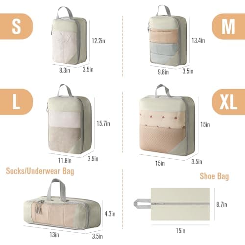 WOOMADA Compression Packing Cubes for Suitcases Travel Essentials 6 Set Rectangle Mesh Expandable Travel Bags Organizer for Luggage(Beige) - Thumbnail 2