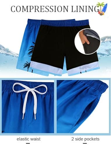 Swim Trunks Men with Compression Liner Stretch Blue White Swimming Trunks for Mens Novelty 9" Men Bathing Suit Beach Shorts Brief Liner Quick Dry Men's Board Shorts Suits Summer Swimwear L - Thumbnail 5