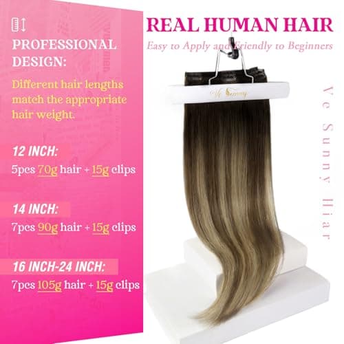 Ve Sunny Clip in Hair Extensions Real Human Hair Black Ombre Clip in Human Hair Extensions Black with Brown Blonde Balayage Hair Extensions Clip ins Short Hair 12Inch 85g - Thumbnail 5