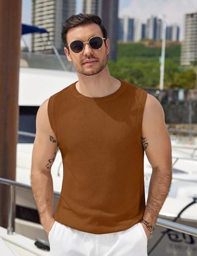 COOFANDY Mens Casual Knit Tank Tops Lightweight Sleeveless Tshirts Beach Tank Shirts Brown - Thumbnail 2