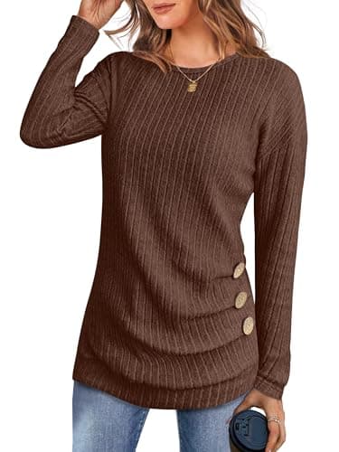 ANRABESS Womens Long Sleeve Tunic Top 2026 Fall Sweaters Lightweight Ribbed Knit Buttons Shirts Casual Work Outfits Brown Medium - Image 1