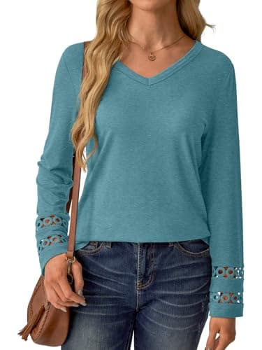 GKBK Women’s Long Sleeve V Neck Tunic Top Casual Dressy Blouse Business Loose Fit Trendy 2025 Fall Outfits Cyan XXL - Thumbnail 4