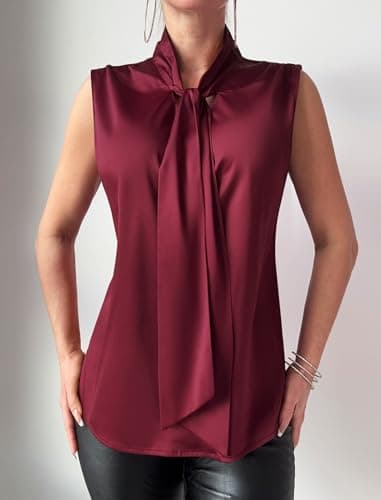 ZAFUL Women's Silk Satin Tank Tops Bow Tie Knot Mock Neck Casual Sleeveless Blouses Summer Basic Tanks Shirt Wine Red XL - Thumbnail 5