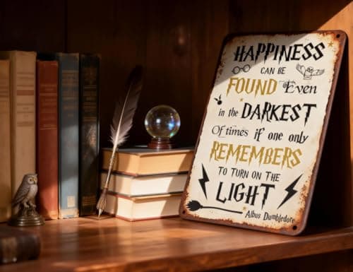 Annekilly Happiness Can Be Found Even In The Darkest Metal Signs, Vintage Magic Sign for Movie Wizard Theme Lovers Office Decor Motivational Room Wall Decor 12x8 Inch - Thumbnail 3