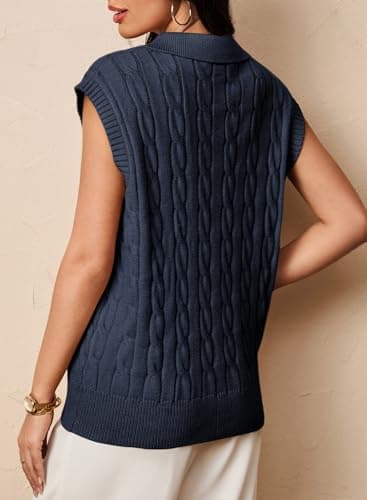 Dokotoo Vest Tops for Women V Neck Lapel Collar Cable Knit Women Vest Cable Knit Womens Vest Top 2025 Trendy Blue Small - Thumbnail 5