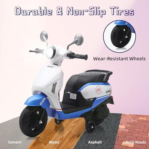 HEIMILI Toddler Motorcycle, 6V Kids Electric Moped for 1-3 Years, Ride On Scooter with Training Wheels, 2 MPH Speed Toy Bike for Boys Girls, Music & Headlight (Blue) - Thumbnail 4