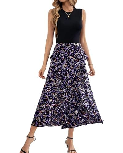 BTFBM Summer Dresses for Women 2026 Casual Spring Floral Sleeveless Ruffle Boho Cocktail Wedding Guest Party Midi Dress(Floral Purple, XX-Large) - Image 1