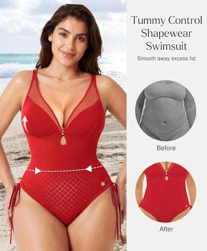 Popilush Womens Bathing Suits Tummy Control​One Piece Swimsuit with Built-in Bra Sexy Mesh Shapewear Swimsuits Red - Thumbnail 2