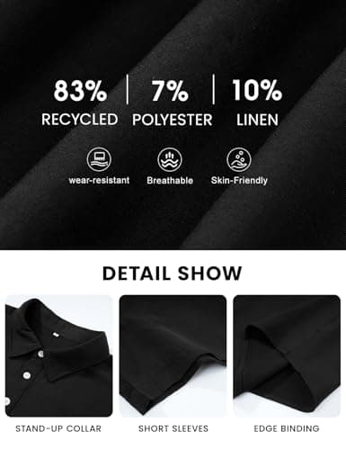 Eisctnd Men's Polo Shirts Short Sleeve Linen Blend Golf Collared T-Shirt for Summer Wedding Beach Vacation Business Casual(Black-XL) - Thumbnail 6
