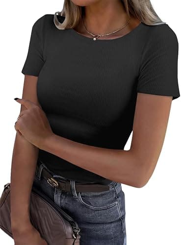 GKBK Womens Short Sleeve Tops Crew Neck Ribbed Slim Fitted Tight Layering Top Basic Tee Shirts Cute Summer Tops Casual Spring Outfits 2026 Trendy Black - Image 1