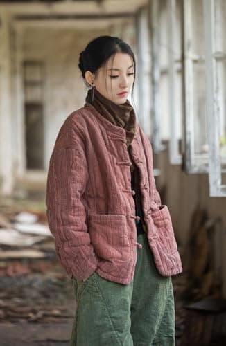 MOYUYUNJIAN Women's Short Quilted Jacket Cotton Front Bohemian Style Top Autumn/Winter Solid Color Coat (US, Alpha, One Size, Regular, Regular, Smoke Red) - Thumbnail 6