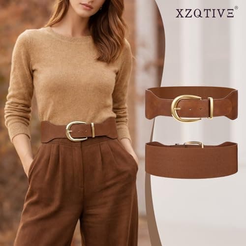 XZQTIVE Women Wide Elastic Waist Belt for Dresses Fashion Cinch Belts Stretchy Waistband with Gold Buckle, Brown(Fit Waist Size 38"-42") - Thumbnail 4