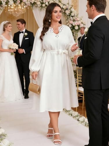 EYWOL Women Plus Size Elegant Cocktail Dress Cutwork V-Neck Midi A-Line Dress with Belt,Formal Wedding Guest Party Prom Dress White - Thumbnail 3
