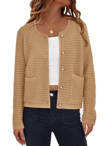 PRETTYGARDEN Women Knit Cardigan Sweaters Fall Fashion Long Sleeve Open Front Button Down Trendy Casual Jacket Winter Clothes (Khaki,Large) - Image 1