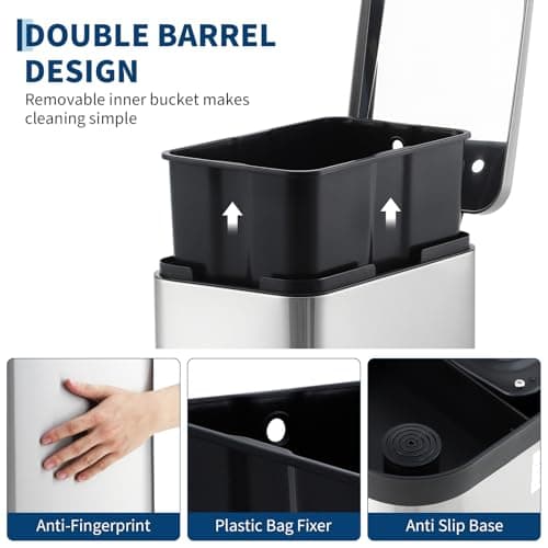 Garvee 13 gal Kitchen Trash Can, Stainless Steel Step Garbage Bin with Soft-Close Lid & Removable Bucket – Fingerprint Proof, Slim Design for Narrow Spaces, Bathroom or Office (50 L/13.2 gal) - Thumbnail 4