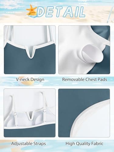 AMAWMW Teen Girls Swimsuit One Piece Bathing Suit V-Neck Cutout Swimwear Summer Beach Swim Suit for Girls 7-16Y, Gray Blue, 11-12Y - Thumbnail 6