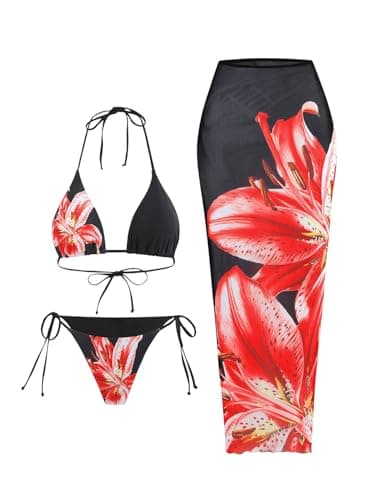 GORGLITTER Women's 3 Piece Bikini Set Floral Print Halter Top Swimsuits String Thong Bathing Suit with Beach Coverups Red X-Large - Image 1