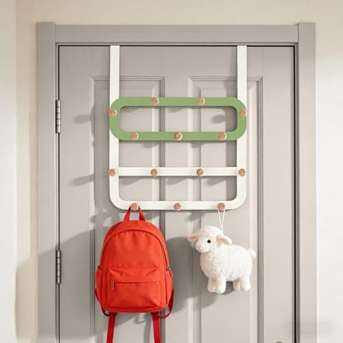 Dycoony Over The Door Hooks for Kids Backpacks - 21.5" Extra Long Door Hanger Low Reach, 14 Wooden Ball Coat Rack for Nursery Bedroom Bathroom, White & Green Purse Bag Towel Holder Organizer - Image 1