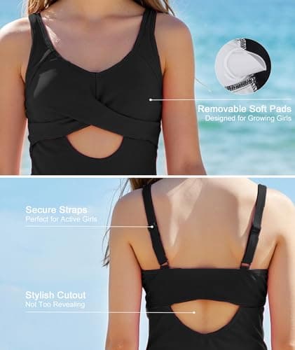 MFAVIP Girls One Piece Swimsuits Classic Black Girl Swimsuits with Ruffle Skirt Removable Pads Adjustable Straps Size 9-16 - Thumbnail 5