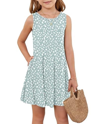 Girls Sleeveless Summer Dress Kids Crewneck Casual Mini Floral A Line Beach Sundresses with Pockets 5-14 Years Green Spot L