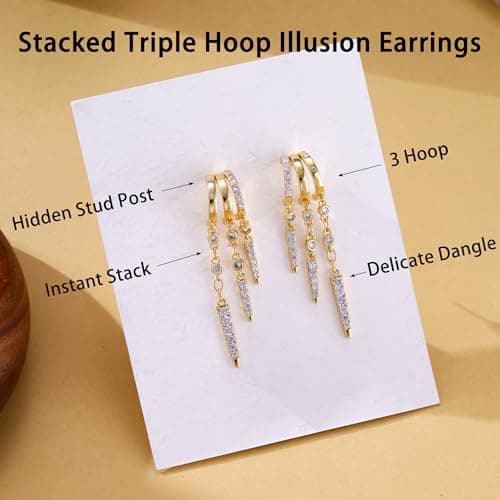 Gold Dangle Earrings for Women, 14k Gold Plated Statement Triple Hoop Illusion Drop Earrings Cubic Zirconia Huggie Earrings for Women Trendy - Thumbnail 6
