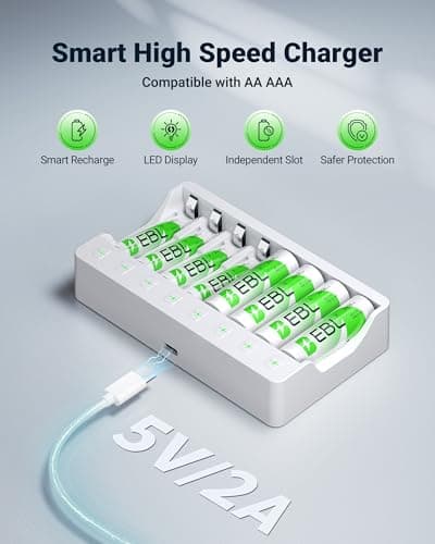 EBL Rechargeable AA Batteries 8 Pack, Ni-MH 2800mAh AA Battery and 8-Bay AA AAA Individual USB Camcorder Battery Charger for NIMH NiCd Battery - Thumbnail 2