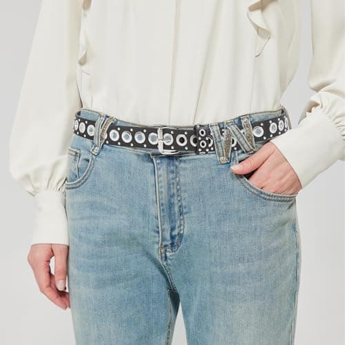 EONTISO Women Studded Leather Belt for Jeans, Punk Rock Silver Grommets Rivets, Black S - Thumbnail 5