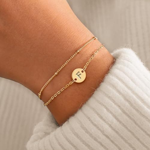 MONOZO Initial Bracelets for Women Jewelry Gifts - 18K-Gold-Plated Letter Initial Bracelet Dainty Disc Letter F Initial Bracelet for Her Gold Bracelets for Women Jewelry Gifts - Thumbnail 2