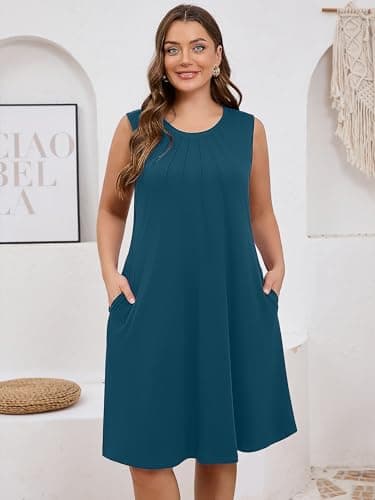 AusLook Plus Size Midi Dress for Women Sleeveless Casual Summer Indigo Blue 1X Tank Dress with Pockets Round Neck A-Line Swing Flowy Solid Color Travel Vacation Sundress - Thumbnail 3