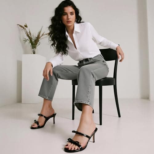 CYNLLIO Black Bow Tie Kitten Heels for Women Two Strap Round Open Toe Sandals 2.9 Inch Stiletto Heeled Slides Backless Dressy Party Shoes Size 8 - Thumbnail 2