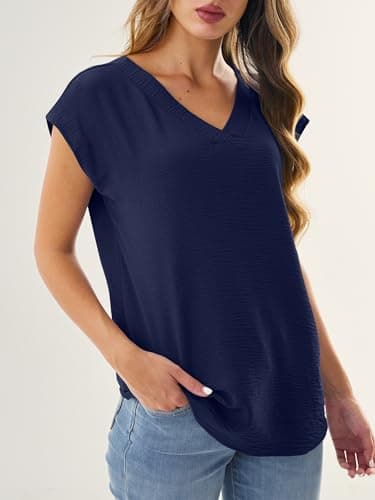 GKBK Women Tops Cap Sleeve Textured Dressy Casual V Neck Shirts 2026 Summer Business Work Blouses Outfits Navy Blue S - Thumbnail 4