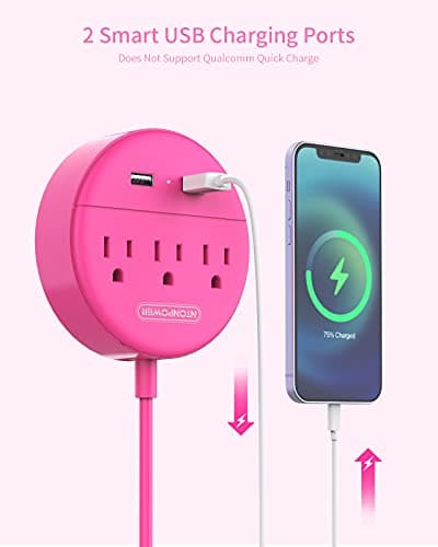 15 ft Extension Cord Power Strip with USB, NTONPOWER Mountable Power Strip Flat Plug with 3 Outlet 2 USB, ETL Listed, Desktop Charging Station, Compact Size for Home Office Dorm Room Nightstand, Pink - Thumbnail 6