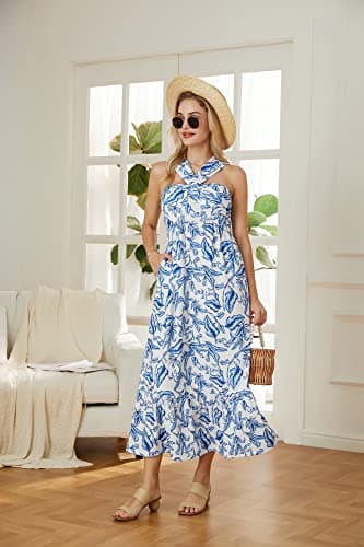 GRACE KARIN Women Halterneck Sleeveless Flowy Summer Beach Party Maxi Dress White Blue XXL - Thumbnail 6