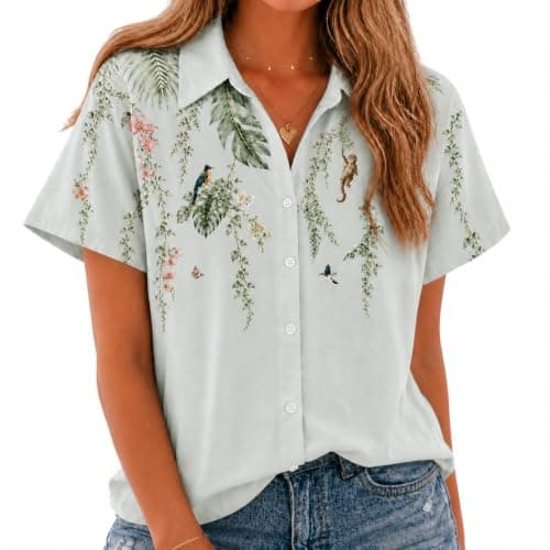 Chicwave Women's Short Sleeve Button Down Shirt, Collared V Neck Floral Print Blouse, Lightweight Casual Work Top for Travel, Vacation, Daily Wear, Light Green