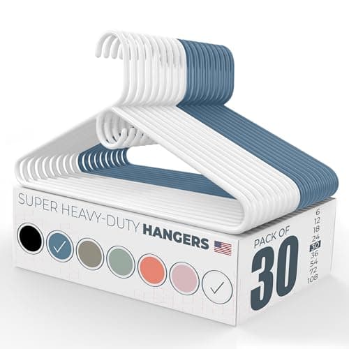 Neaties Super Heavy Duty Clothes Hangers 30 Pack – Made in the USA - 10lb Capacity, Thick Plastic Hangers for Pants, Coats, Jackets, Jeans and Adult Clothing – White & Blue - Image 1