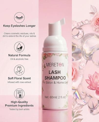 MERETON Lash Shampoo Kit for Lash Extensions, Eyelash Extension Cleanser Lash Cleaner Lash Cleaning Kit for Cluster Lashes Lash Bath with Makeup Pad+ Brush+Rinse Bottle, Oil Free Foam - Thumbnail 3