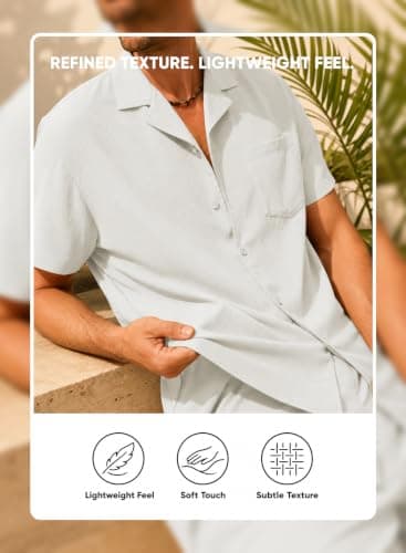 JMIERR Men Texture 2 Piece Outfit Short Sleeve Lightweight Beach Button Down Shirt Casual Pant Sets with Pocket - Thumbnail 3