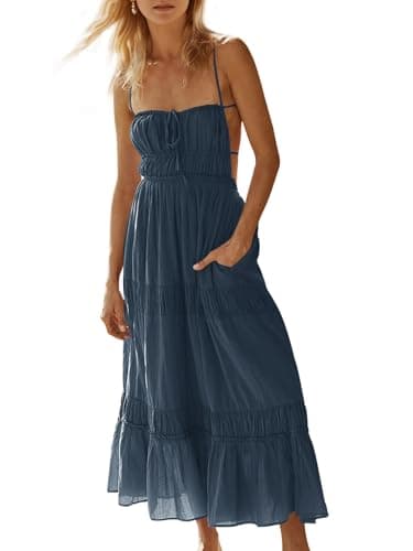 Wenrine Womens Summer Beach Dresses Backless Spaghetti Straps Self Tie Tiered Flowy Casual Maxi Dress with Pockets Navy - Image 1