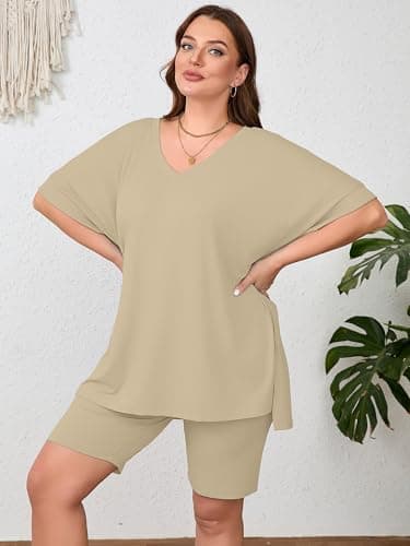 AusLook Women's Plus size 2 Piece Short Outfits Set Short Sleeve Tops and Shorts Pants Light Khaki 3X Casual Comfy Soft Ladies Short Sleepwear Lounge Pajama Matching Set - Thumbnail 5