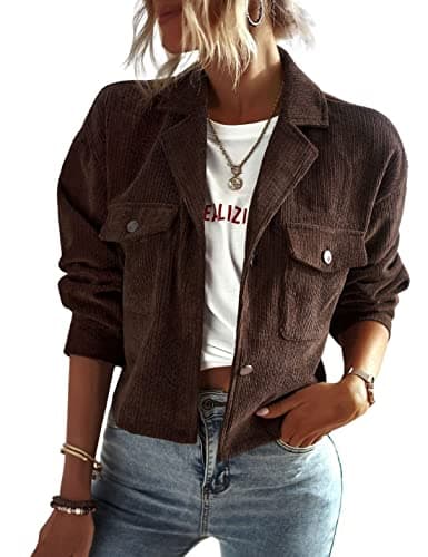Kwoki Women's Corduroy Jackets Casual Button Down Cropped Shacket Fashion Trendy Crop Blazer Tops KF0097 CoffeeX1 XL - Image 1