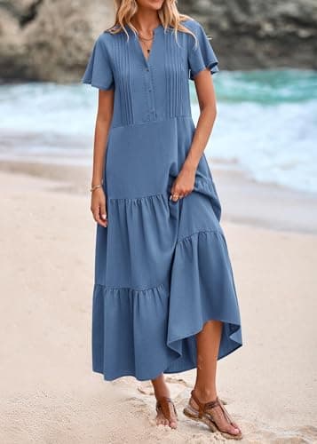 KIRUNDO Summer Maxi Dresses for Women 2026 Spring Fashion Short Sleeve Button V Neck Pleated Loose Tiered Swing Flowy Dress(Blue, Large) - Thumbnail 3